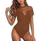 Jenbou Women's Sexy Mesh Cutout V Short Sleeve Shirts Sheer Turtle Neck Body Suits Leotard Going Out Bodysuits Tops