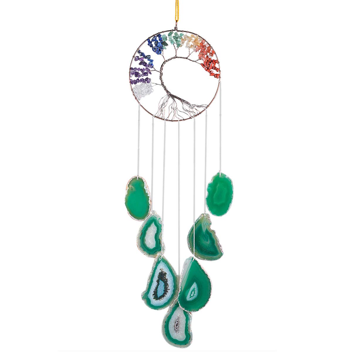 Nupuyai Tree of Life Agate Slices Wind Chimes, 7 Chakra Healing Crystal Hanging Ornament Wall Art Home Window Decor Green