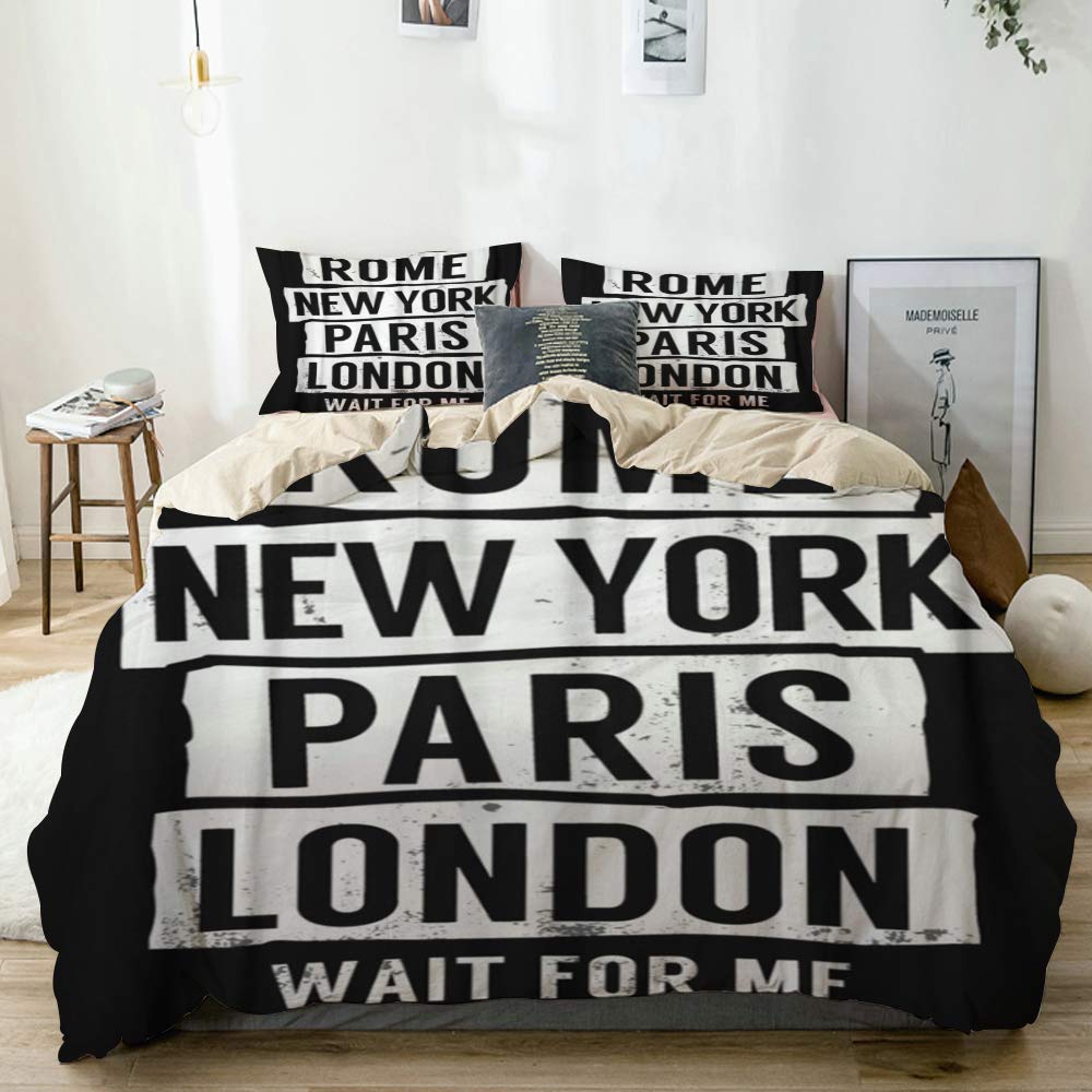 Mokale Duvet Cover Queen,Cool Rome New York Paris London Slogan for Graphics,100% Washed Microfiber 3pcs Bedding Set with 2 Pillow Shams,Reversible Beige,Zipper Closure & Corner Ties