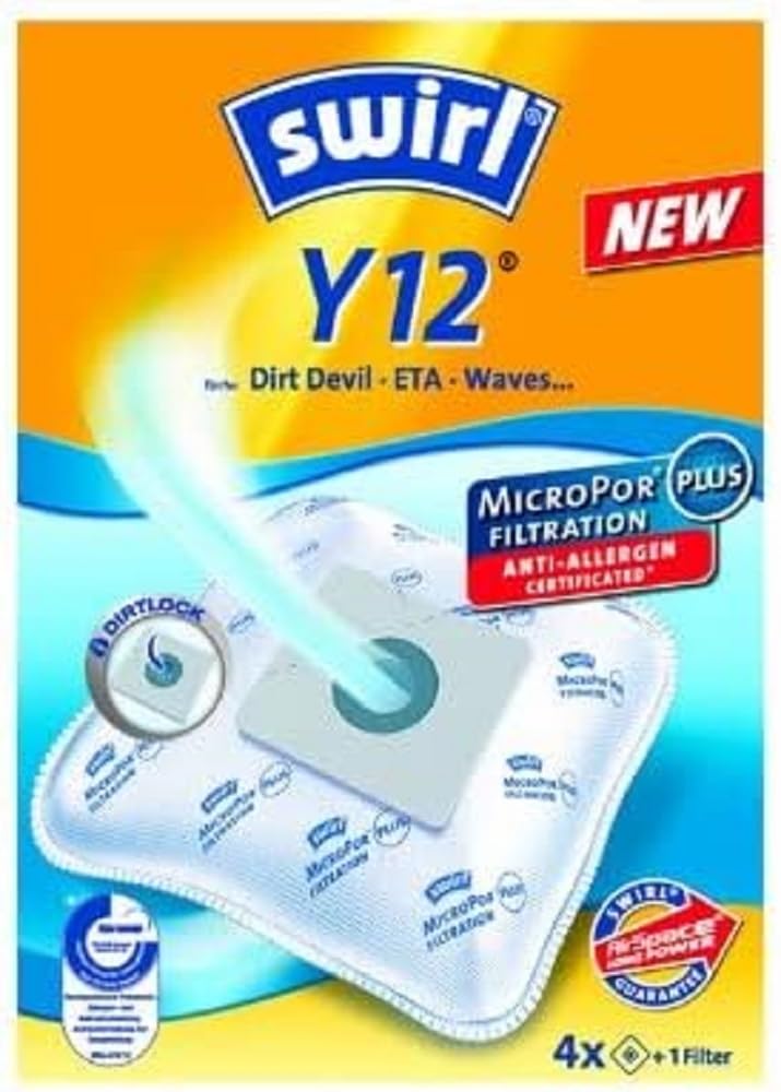 Swirl Y 12 Vacuum Cleaner Bags, For Numatic Henry Vacuum Cleaners, Pack of 4 Bags + 1 Anti-Allergen Filter