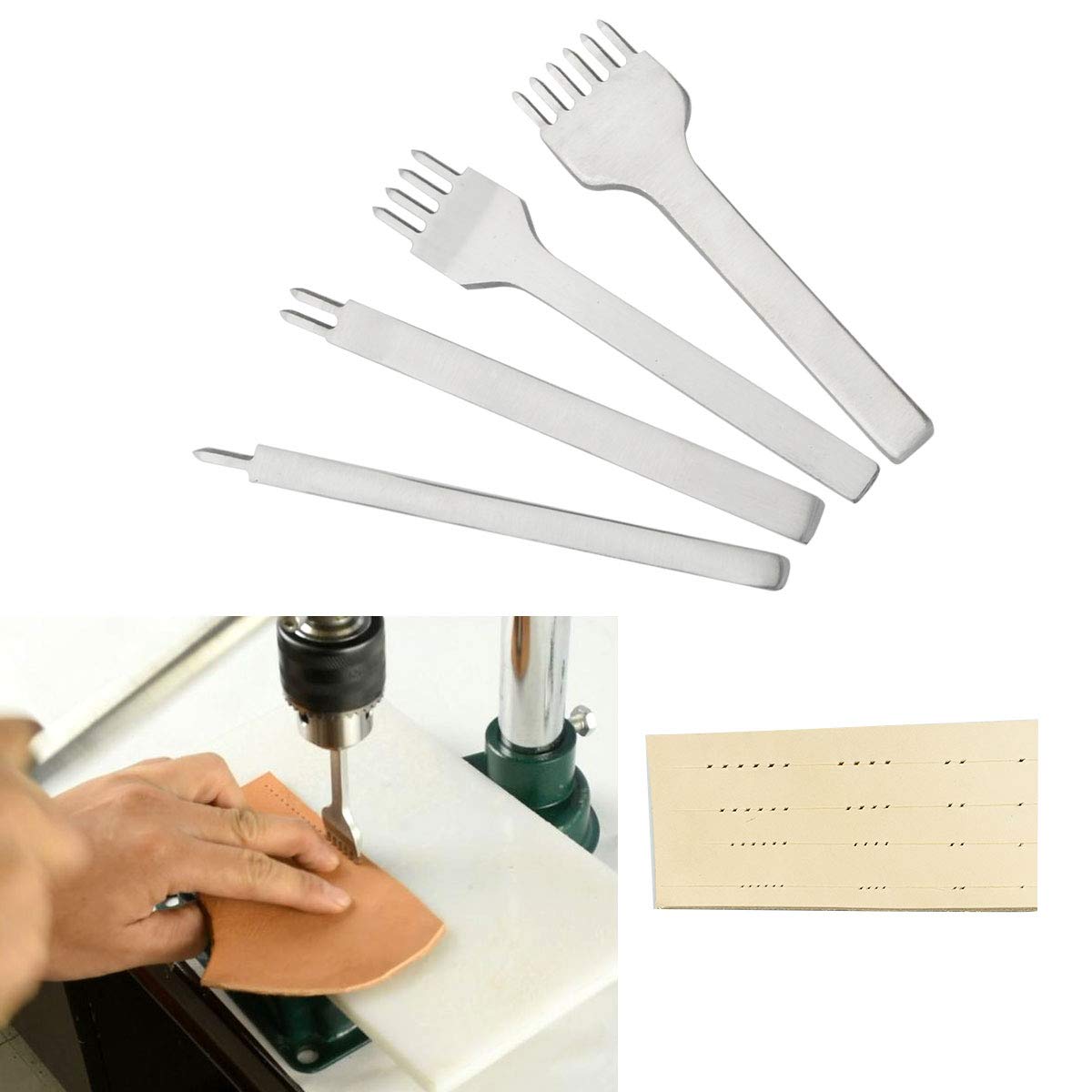 Poualss Leather Craft Tool Hole Punches 4pcs 4mm 1/2/4/6 Prong, Lacing Stitching Punch Tool, Lacing Stitching Chisel Set,Hand Working Hole DIY