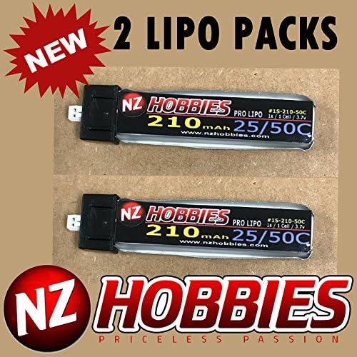 NZ HOBBIES 1S 3.7V 210Mah 25/50C Lipo Battery 2-Pack for Blade Inductrix FPV, mCX, mCX2, mSR, mSR X, Nano QX, & UMX AS3Xtra