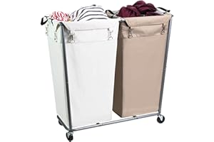 OLLIEROO 280L Laundry Cart with Wheels, Commercial Large Rolling Laundry Sorter, Heavy Duty Divided 2 Section Laundry Hamper with Steel Frame and Removable Bag for Laundry Room, Bedroom,Hotel