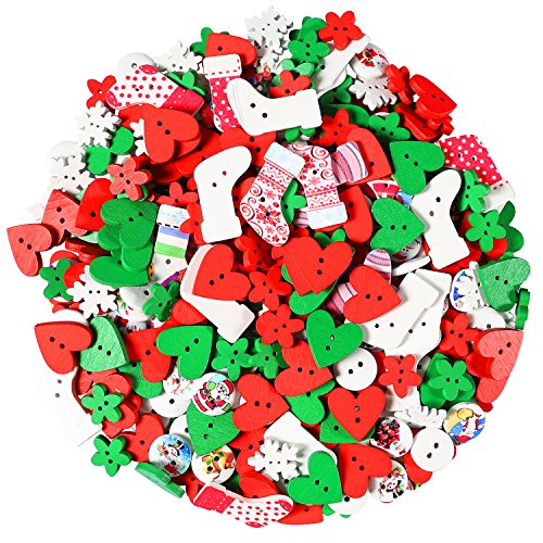 Aneco 400 Pieces Christmas Wooden Buttons Sewing Button for DIY Scrapbooking or Craft Decoration, Christmas Color, Mixed Size and Style