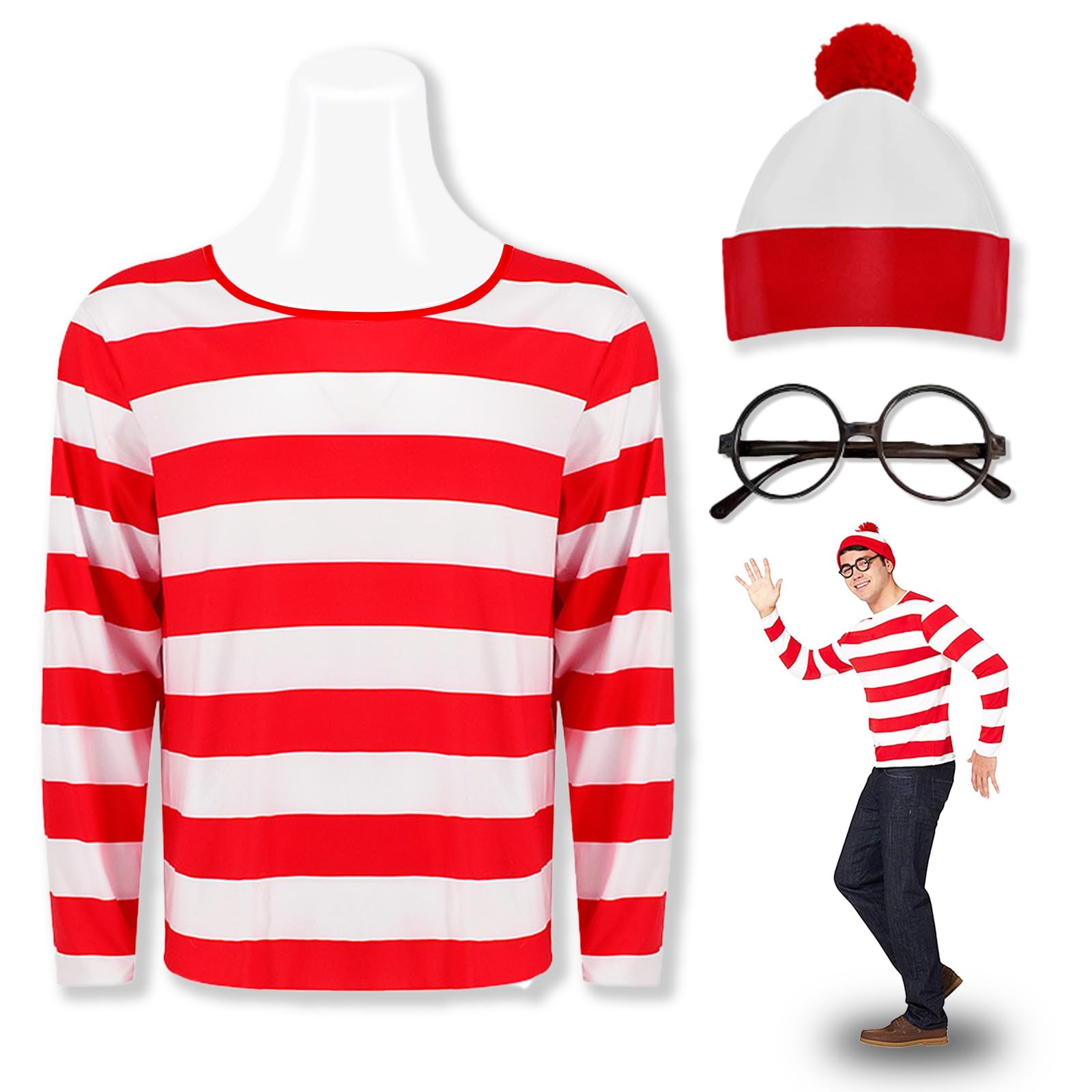 Feeziloe Men Where's Wally Kit, Top Hat Glasses Socks Costume Set, Red and White Top Fresher Costume World Book Day Fancy Dress, Halloween, School Dress up Day(L)