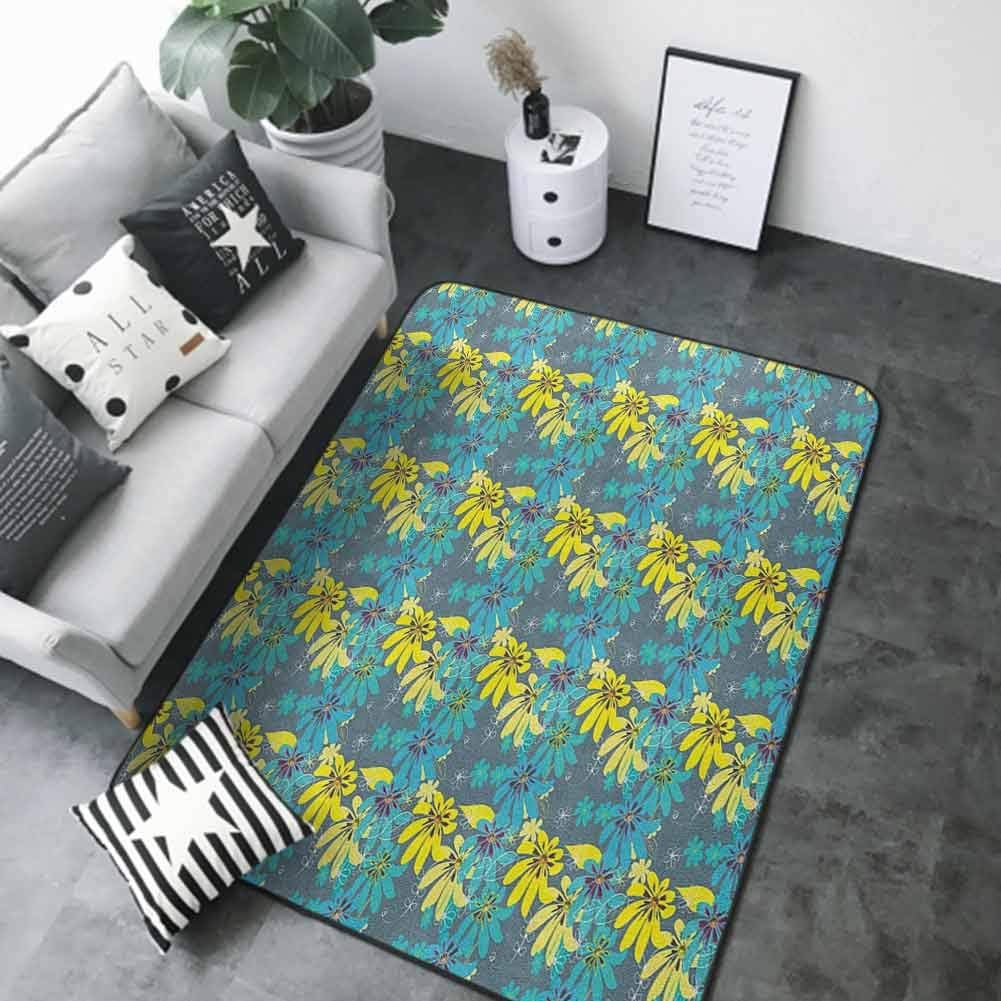 Floor Mat Entrance Doormat Yellow and Blue,Abstract Flowers with Hand Drawn Daisies and Leaves Exotic Bedding Plants, Multicolor 60"x 96" Custom fit Floor mats