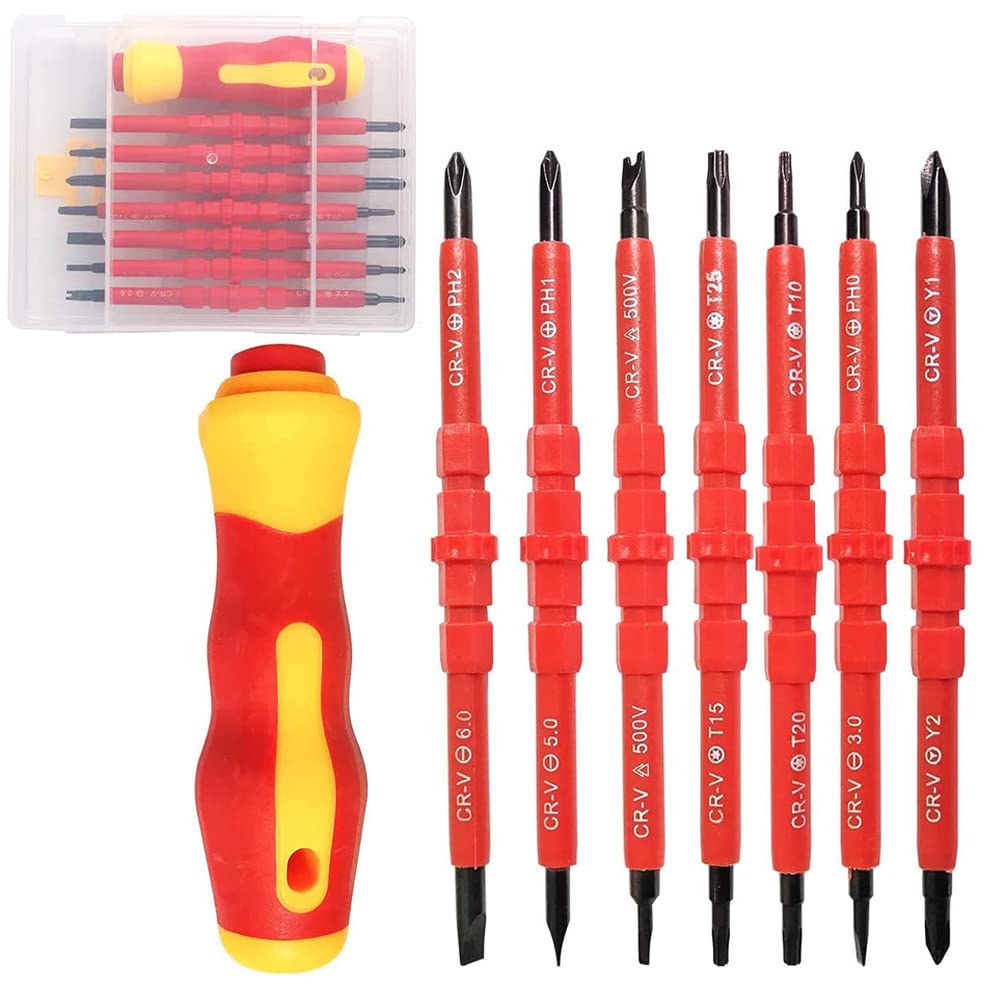 Insulated Screwdriver Set, 7 Pieces Electrician Repair Tools, Insulated Electrician Screwdriver, 14 in 1 Chrome Vanadium Steel Screwdriver Set with Soft Handle for Electrician Repair (Red)