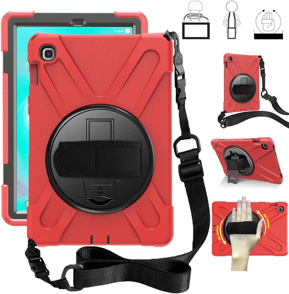 iChicTec Case for Samsung Galaxy Tab S5e 10.5 2019 SM-T720/SM-T725 Heavy Duty Adjustable Shoulder Strap Rotating Hand Strap Kickstand Full Body Protective Cover Three Layer Hybrid Rugged Case, Red