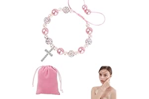 First Communion Gift for Girls Pink Adjustable Bracelet with Cross Pearl Charm and Card Set with Drawstring Bag Religious Jew