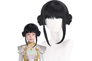 SNUGEASY Short Black Purple Cosplay Wig, Bangs and Double Braid Buns Wig Pop Singers, Anime Cosplay Wigs for Halloween Carnival Party