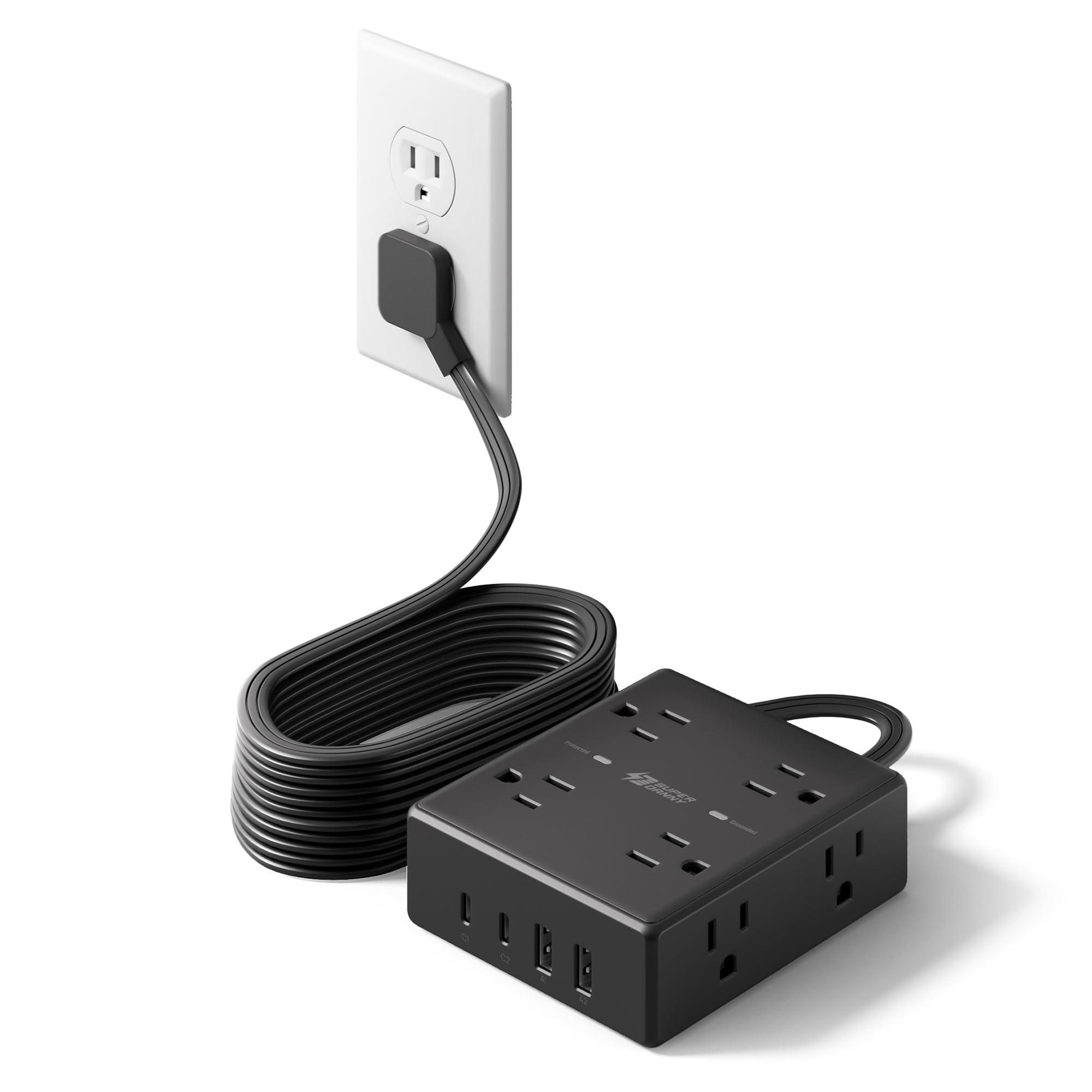 Photo 1 of 15Ft Extension Cord with Multiple Outlets, Flat Plug Power Strip Surge Protector with 15 Ft Long Cord, 8 Outlet 4 USB Ports (2 USB C), Desk Charging Station for Home Office, College Dorm Room