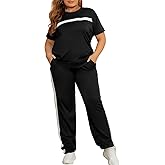 Bealin Women's Plus Size Two Piece Outfits For Women Striped Long Sleeves Sweatsuits Tracksuit Jogger Sets
