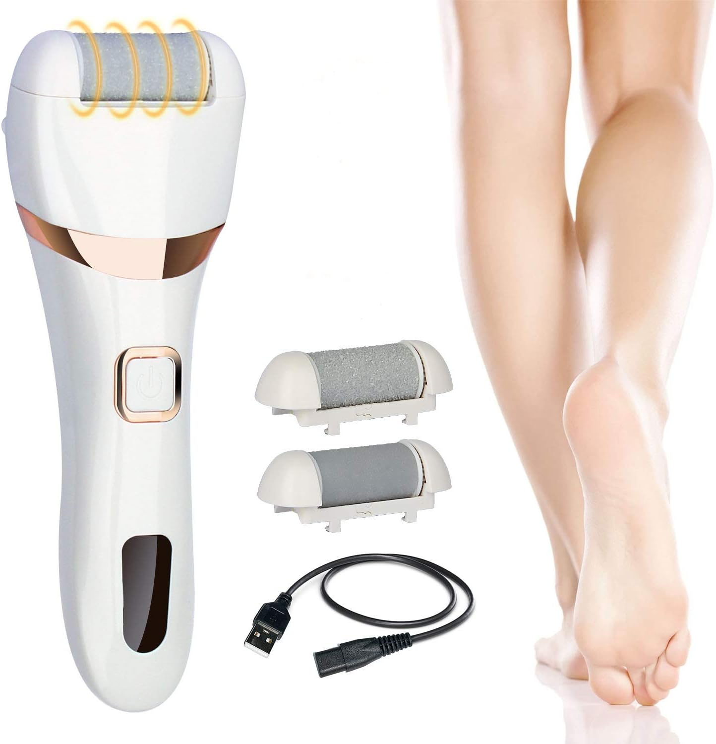 Electric Callus Remover,CREPOW Rechargeable Foot File Electric For Feet Electronic Callus Shaver Waterproof Pedicure With 3 Coarse Roller Heads For Hard Cracked Heels and Dead Skin,White