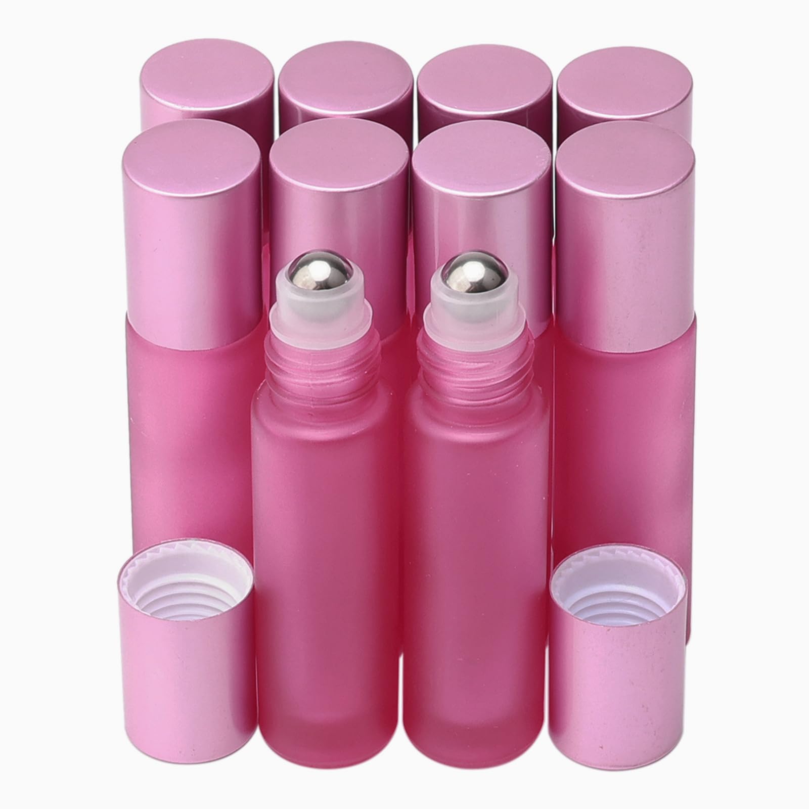 Pxyelec 10 Pack - 10 ml Refillable Frosted Glass Roller Bottles Vials with Stainless Steel Roller Ball and Aluminum Cap - Pink Color