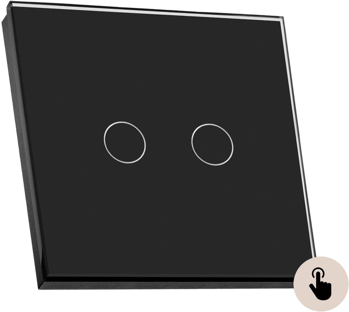 Sardini Home Nero Black Tempered Glass UK Touch Screen Single Wall Light Switch - 2 Gang 1 Way with Responsive LED On/Off Indicator