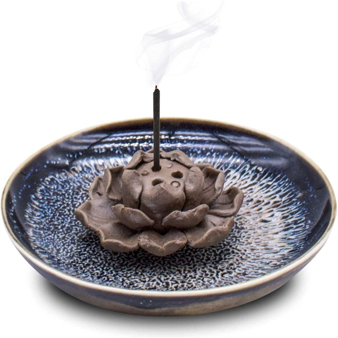 Handmade Ceramic Incense Burner Bowl, Incense Stick Incense Holder, Lotus Design Ash Collection Tray, 4.53 - Home Decoration, Yoga, Spa, etc., Both Air Freshening and Mosquito Repellent (Blue)