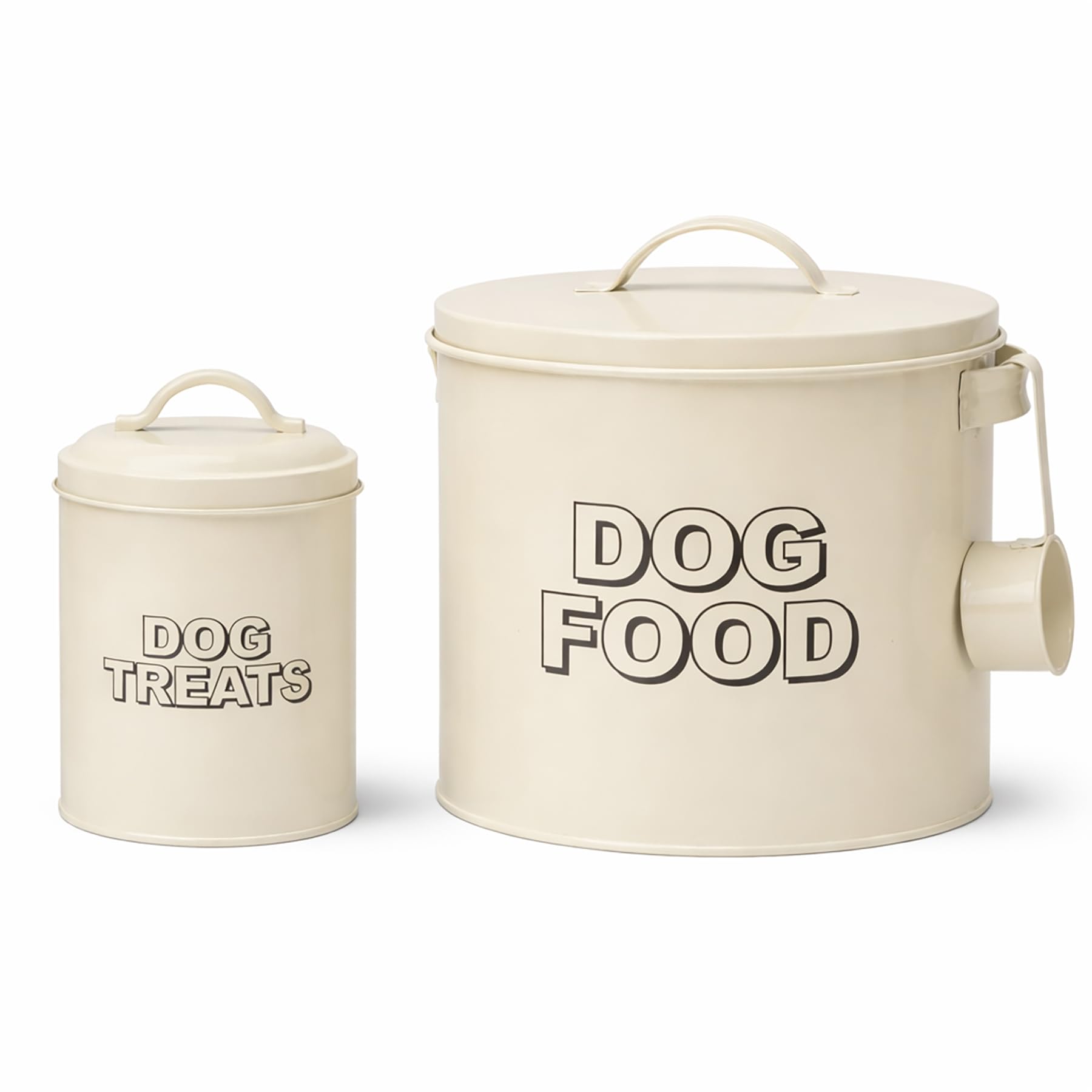 simpa Retro Vintage Styled Antique Cream 3PC Round Metal Dog Food Storage Sets: Food Tin, Treats Tin & Serving Scoop