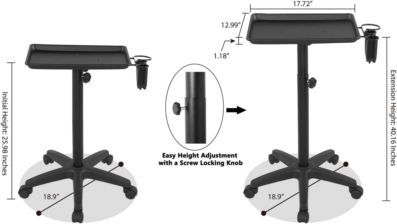 Salon Tray Beauty Rolling Trolley Cart Hair Spa Equipment Height Adjustable Swivel for Home,Office,Salon,Massage,Factory,Shop(Black): Kitchen & Dining