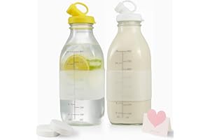 32 oz Reusable Glass Milk Bottles with Leak Proof Lid and Pour Dispenser, 1 Liter Juice Bottles with Scale, Glass Pitchers wi