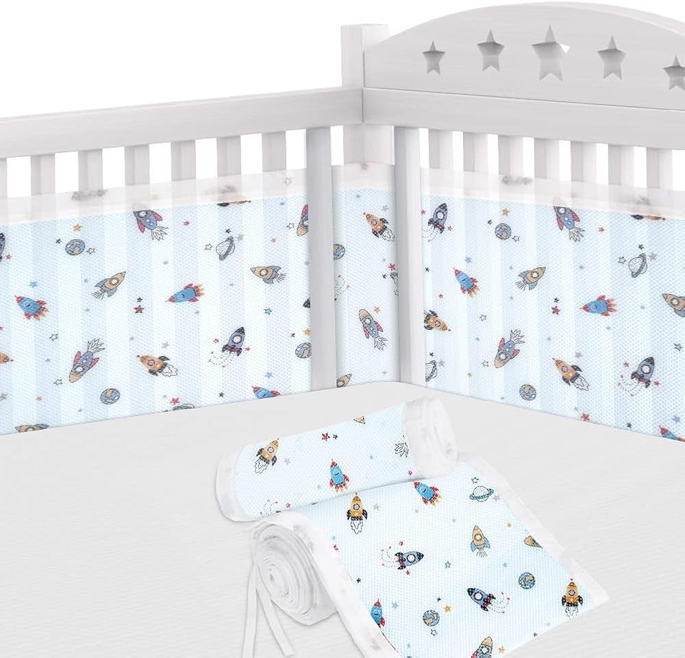 Aolso Cot Bumper 2Pcs Breathable Mesh Crib Rail Cover 340x30cm 160x30cm Rocket