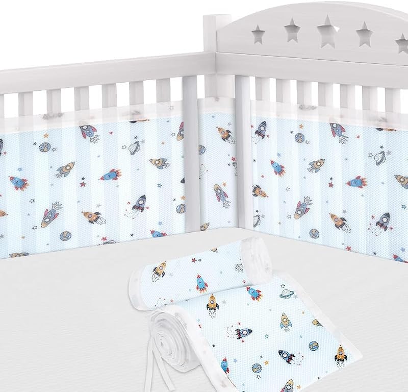 Aolso Cot Bumper 2Pcs Breathable Mesh Crib Rail Cover 340x30cm 160x30cm Rocket