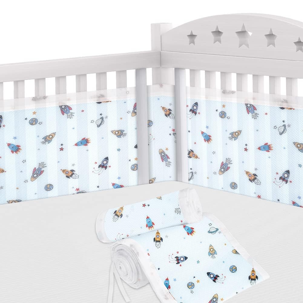 Aolso Cot Bumper, 2Pcs Breathable Mesh Cot Liner, Crib Rail Cover Baby Crib Bumper, Baby Boys Girls Nursery Breathable Crib Bed Liner Bumper (Rocket)