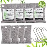 Air Purifying Bags 8 Pack (200g x 4,50g x 4) & 4 Hooks,Activated Bamboo Charcoal Purifer Odor Absorber,Natural Air Freshener Moisture Eliminator Deodorizer for Home,Car,Pets,Closet,Shoes,Gym Bag