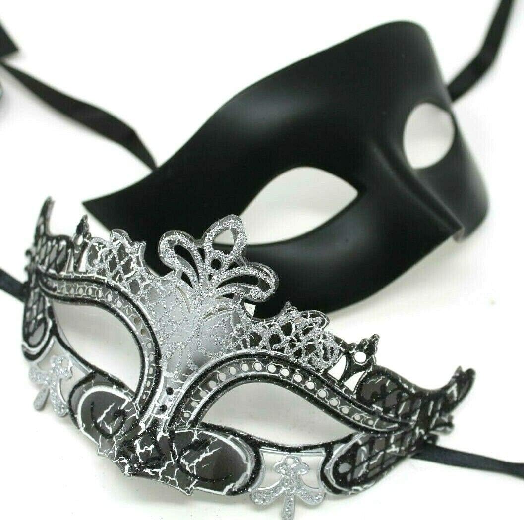 HIS N HERS PAIR OF CO-ORDINATED SILVER & BLACK COUPLES VENETIAN MASQUERADE CARNIVAL PARTY BALL EYE MASKS, Silver Black, 8cm deep - Image 4