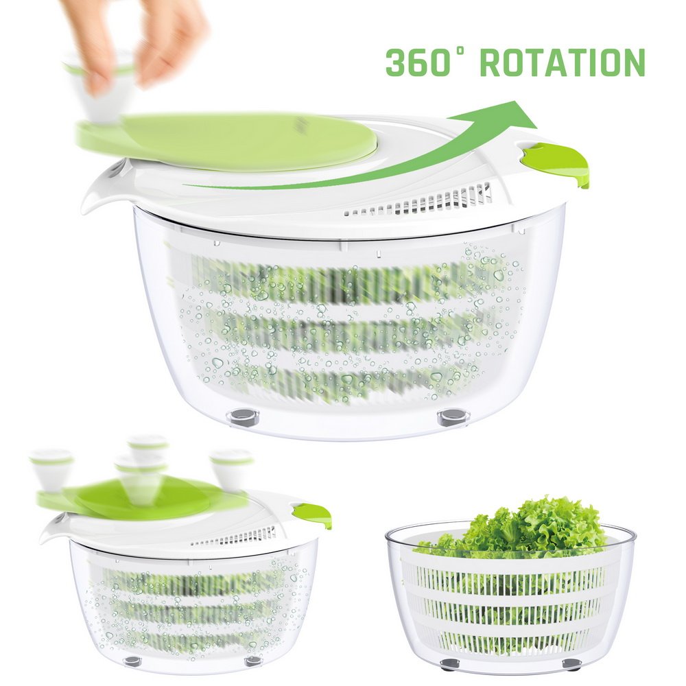 LOVKITCHEN Plastic Kitchen Large Salad Spinner - 4 Quarts Fruits and Vegetables Dryer Quick Dry Design BPA Free Dry Off & Drain Lettuce and Vegetable - Green-White