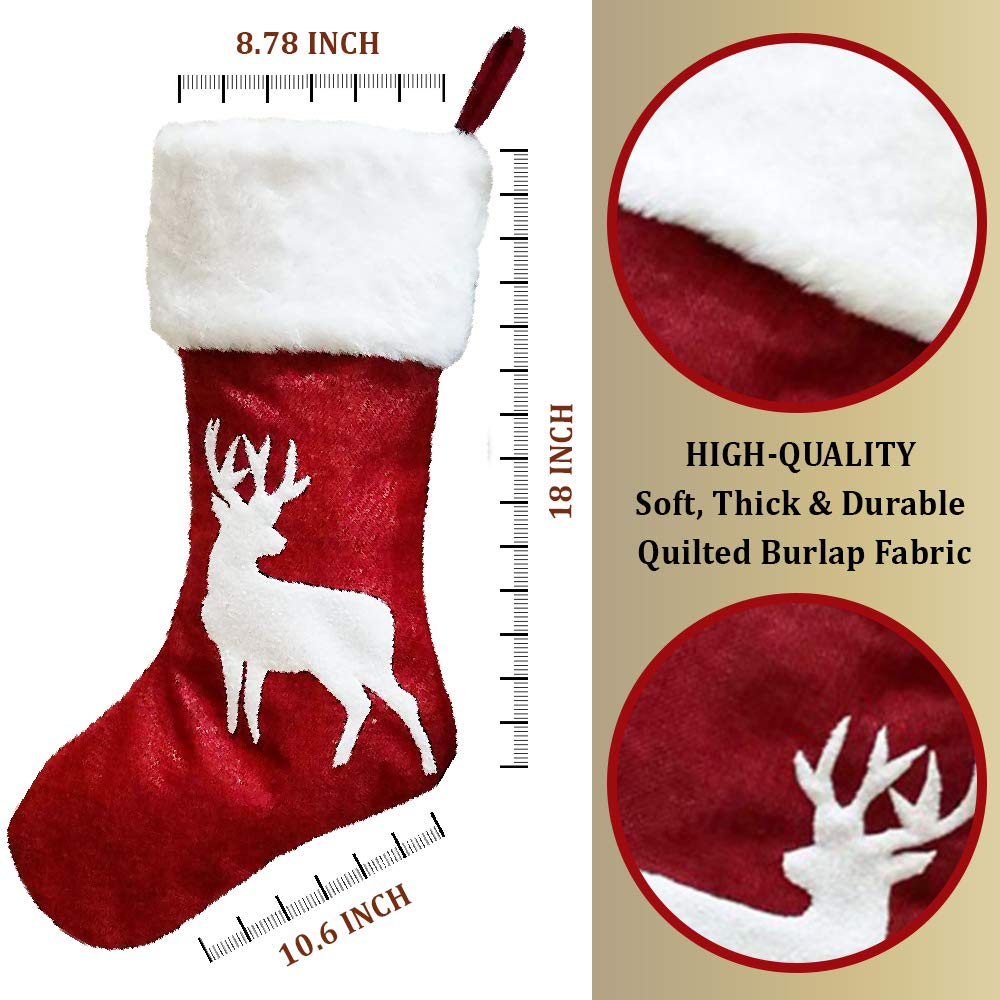 Christmas Stockings Red Reindeer - 3 Pcs Stylish Xmas Stockings Decorations - Classic Family Holiday Decor - Red Elk Embroidery Set with Faux Fur - Christmas stockings Storage for Treats and Gifts