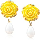 GBAHFY Boho Pearl Dangle Resin Flower Stud Earrings Statement Exaggerated Floral Earrings for Women Jewerly