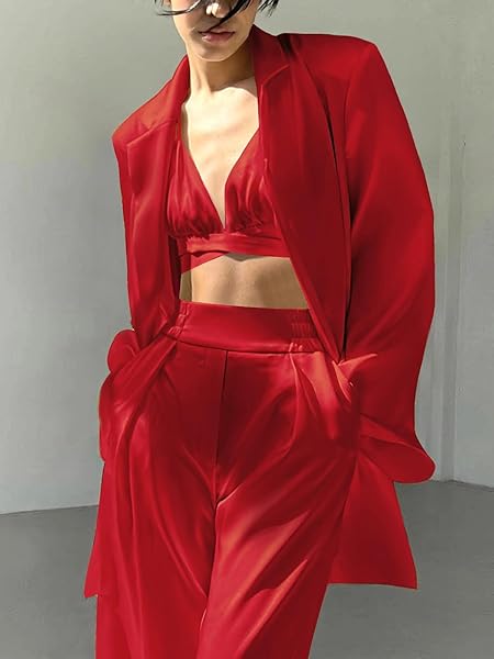 AI’MOURI SEXY 2 PIECE OUTFITS FOR WOMEN, SUMMER SATIN SLEEVELESS LACE-UP CROP TOPS AND WIDE LEG PANTS MATCHING SETS (RED, S)