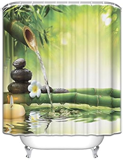 Amazon Com Vandarllin Zen Garden Theme Resistant Fabric Shower Curtain Set 72 X 84 Long Bathroom Decor Spa Decor View For Magical Jasmine Flower Japanese Design Relaxation Bamboos Candles Green Yellow Home Kitchen