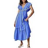 Wenrine Womens Summer V Neck Midi Dress Casual Ruffle Sleeve Contrast Color Loose Fit Flowy Long Dresses