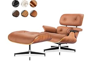 Asukale Top Grain Leather, Mid Century Chaise Lounge Chair and Ottoman, Modern Chair Classic Design, Heavy Duty Base Support for Living Room Study Lounge Office, Walnut-Brown