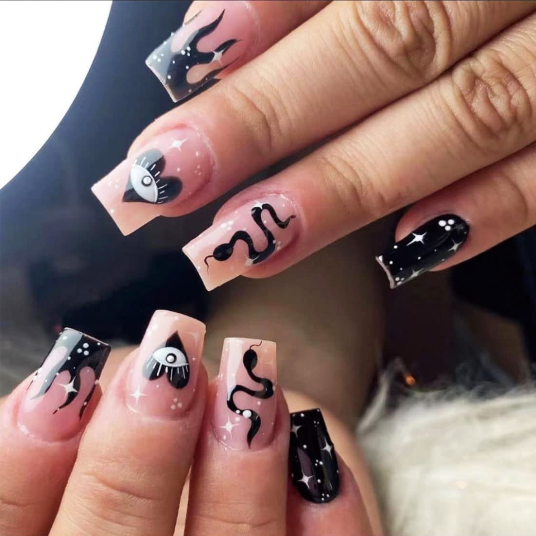 24 PCS Short Fake Nails Snake Print Fake Nails Devil's Eye Fake Nails Black with White Fake Nails Starry Mane Fake Nails Polka Dot Fake Nails Art for Women and Girls Daily Decoration