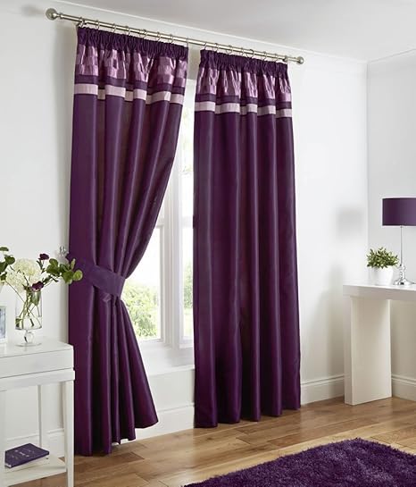 66 X 72 Plum Faux Silk Lined Curtains Pencil Pleat Tape Top