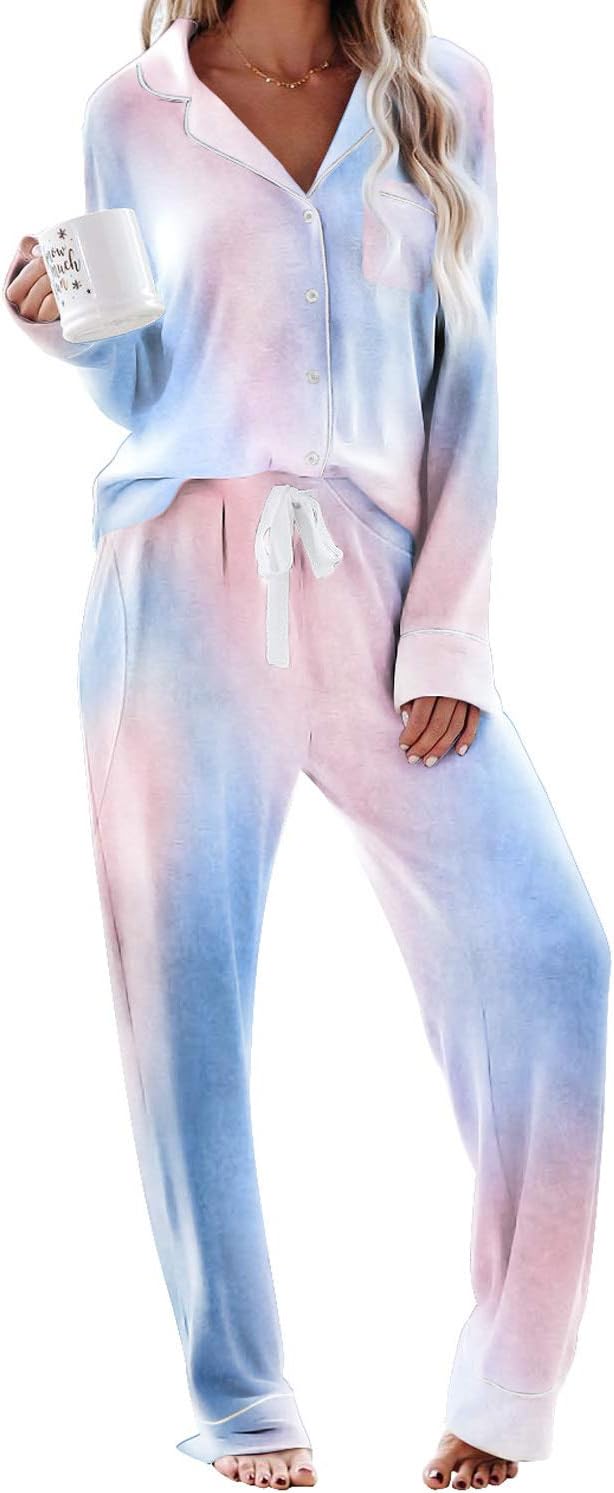 CANIKAT Women's Tie Dye Printed Long Sleeve Tops and Pants Long Pajamas Set Joggers PJ Sets Nightwear Loungewear