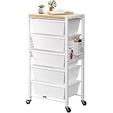 Rolling Cart with 5 Drawers, Plastic Drawer Storage Carts with Wheels & Wooden Tabletop, Metal Utility Cart with Pegboards, Office Living Room Classroom Craft Organization and Storage, Bright White