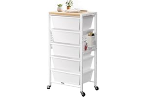 TIME FOREST Rolling Cart with 5 Drawers, Plastic Drawer Storage Carts with Wheels & Wooden Tabletop, Metal Utility Cart with Pegboards, Office Living Room Classroom Craft Organization and Storage, Bright White