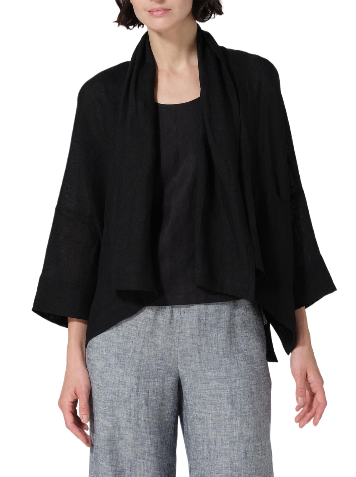 Photo 1 of Linen Cardigans for Women Spring Summer Lightweight 3/4 Sleeve Open Front Cropped Blazer Jackets Shrugs Kimono Dress Cover Up Tops,Black,L