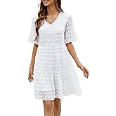 MSLG Women's Chiffon Summer Flowy Mini Dress Casual Short Sleeve Ruffle Swiss Dot Babydoll Tiered Loose Dresses 859