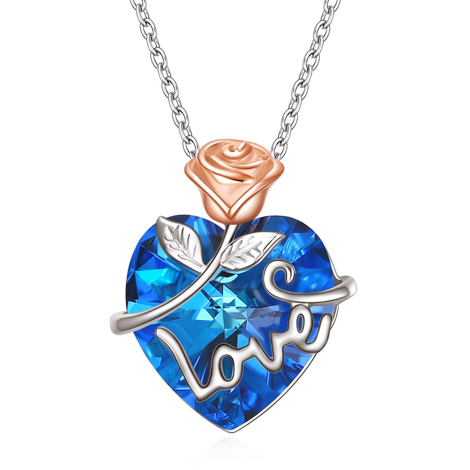AOBOCO Heart Pendant Necklace Bule Love Rose Necklace September Birthstone Valentines Day Jewellery Gifts for Wife Girlfriend Womens Birthday