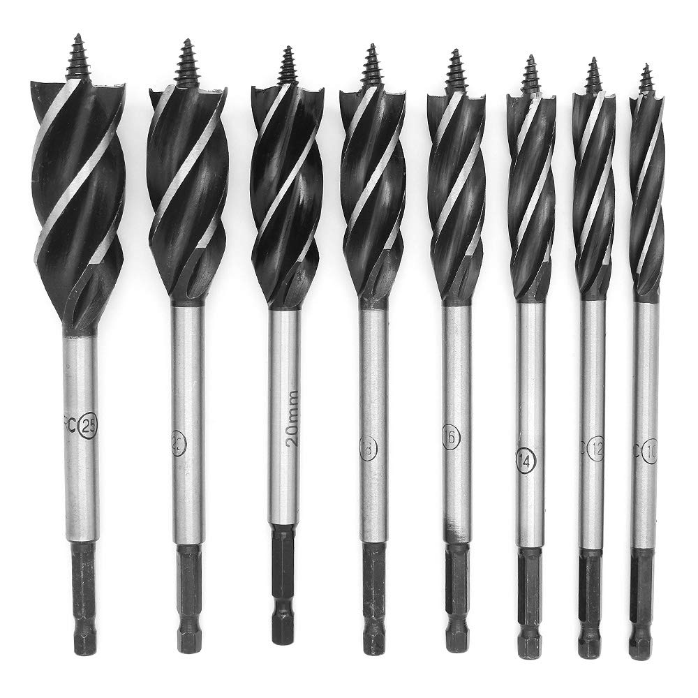 DingGreat 8Pcs 1/4" Hex Shank Four Slot Wood Drill Bits, Twist Drill Bit Sets, 4 Slotted Auger Wood Concrete Drill Bit Kits, Woodworking Open Hole Tools 10-25mm