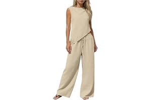 Lounge Sets for Women 2 Piece Summer Outfits Sleeveless Loose Top Wide Leg Drawstring Pants Beach Vacation Sets