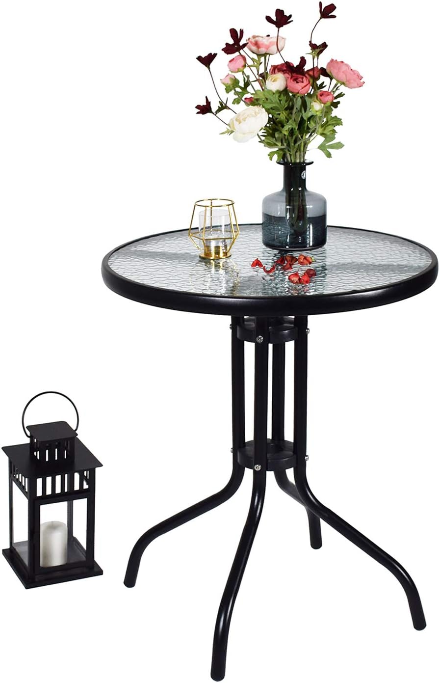 Love & Peace 24" x 24" Outdoor Bistro Table Metal Round Patio Side Table Outdoor Coffee Table Furniture Garden Backyard Dining Table, W/Elegant Water Ripple Glass Table Top, Black: Kitchen & Dining