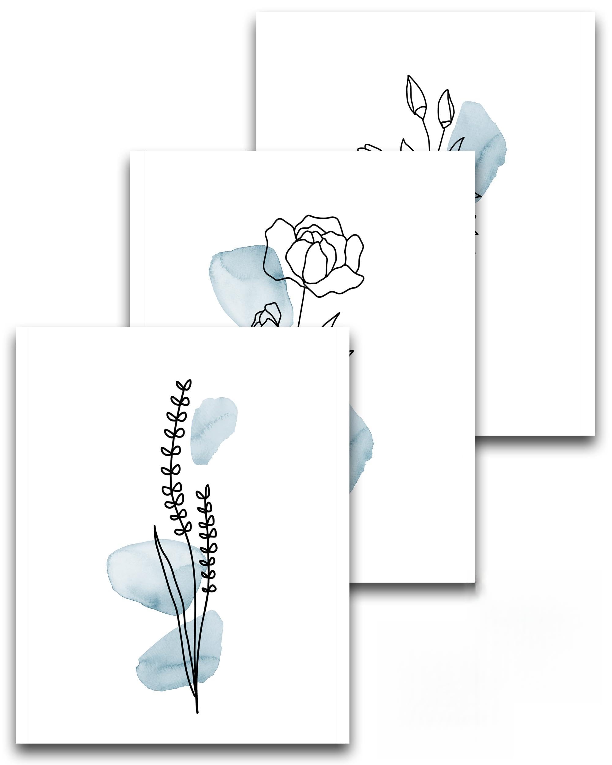 HesenDot Unframed Blue Floral Wall Art Set of 3,30x40cm Boho Flower Canvas Prints,Minimalist Botanical Posters Home Decoration for Bathroom Living Room Bedroom Girl Room