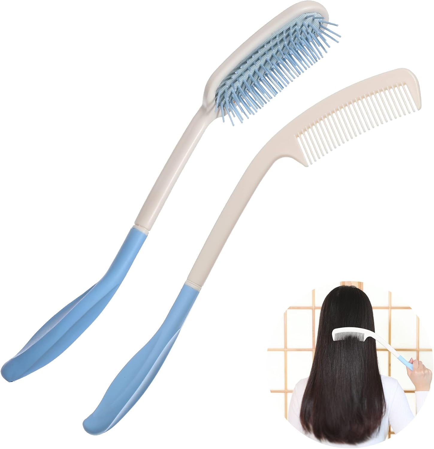 Long Reach Hair Combs, Set of 2, Blue and White