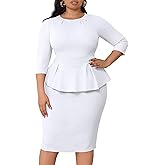 Runwind Womens Plus Size Dress - Work Business Professional Office Vintage Peplum 3/4 Sleeve Pencil Dresses