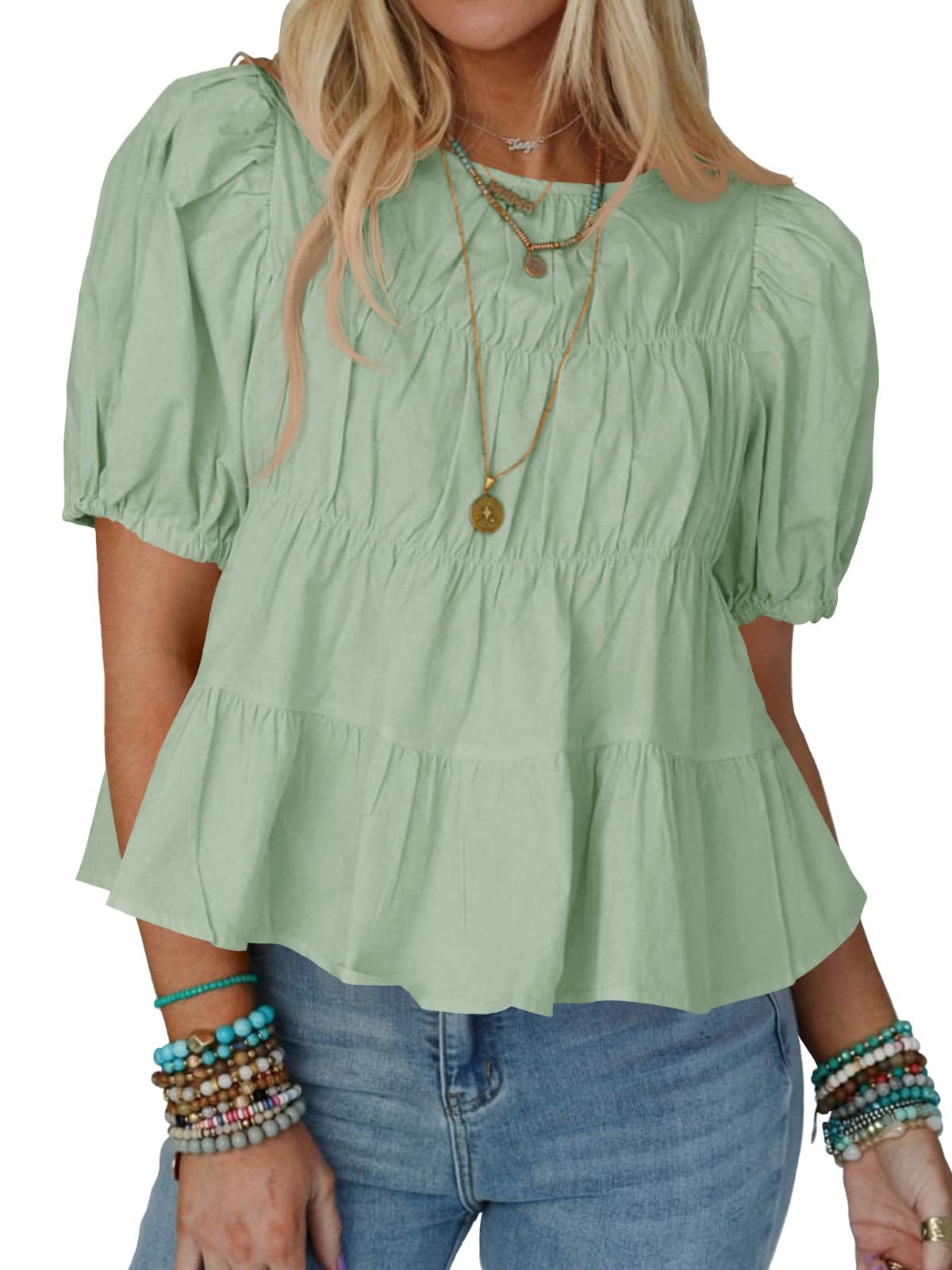 Tankaneo Womens Puff Sleeve Peplum Babydoll Tops